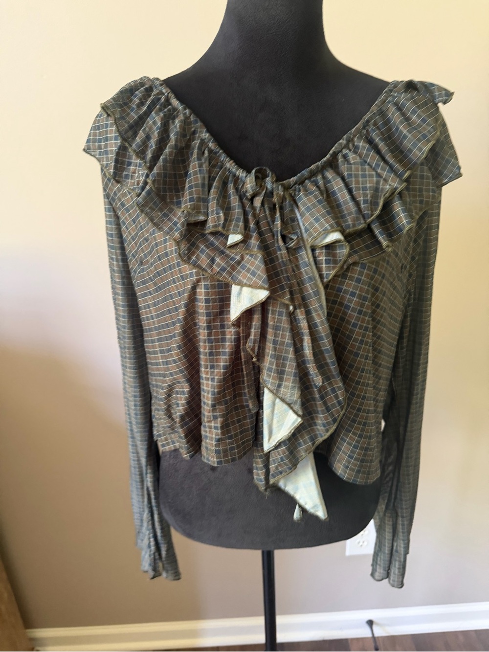 Cider Plaid Ruffle Tie-Front Top in Olive Brown NEW w/Tags 1XLarge